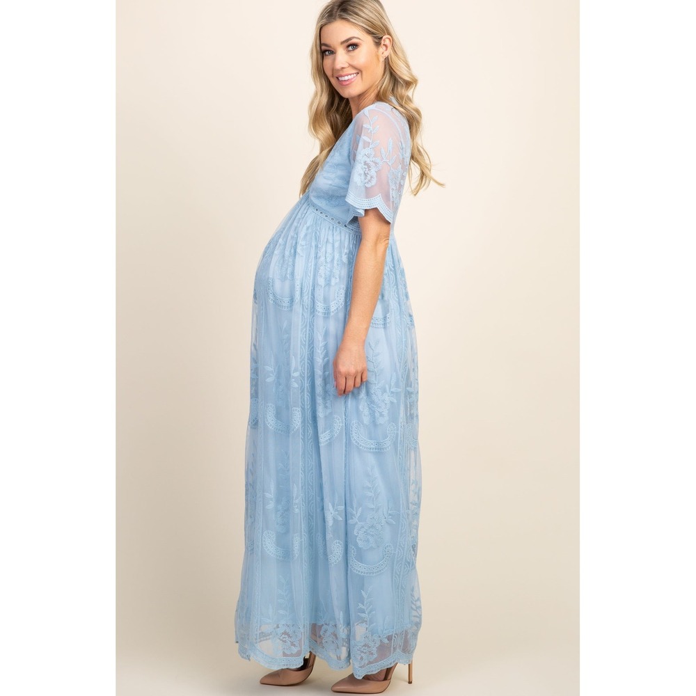 PinkBlush Lace Mesh Maternity Maxi Dress Womens Medium Blue Floral V-Neck Boho